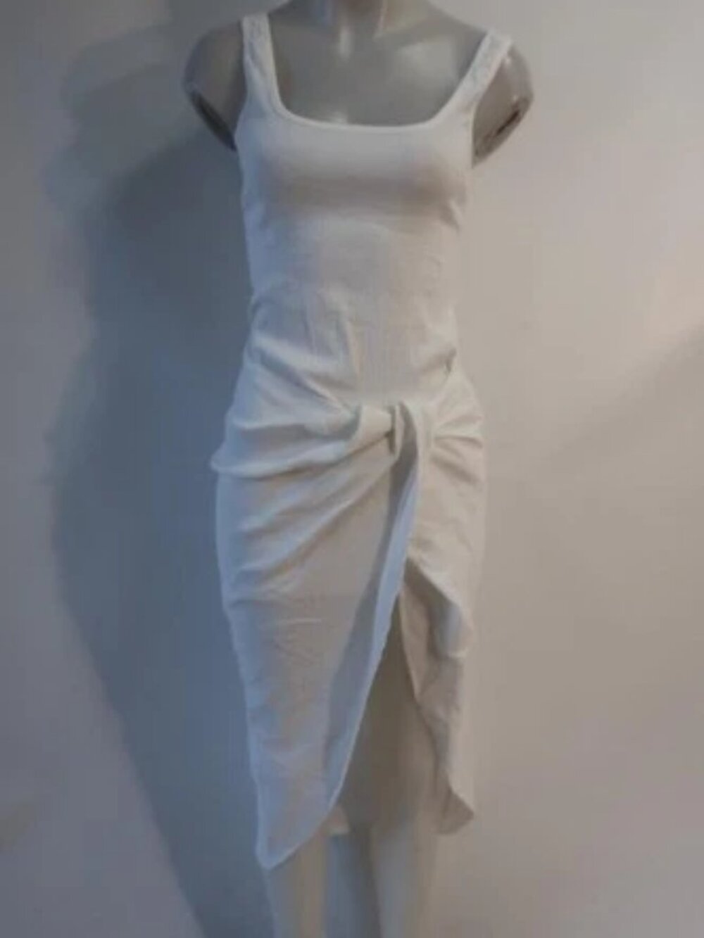 Women Anemos Selene White Linen Blend Sleeveless Drop Waist Hi-Low Midi Dress XS